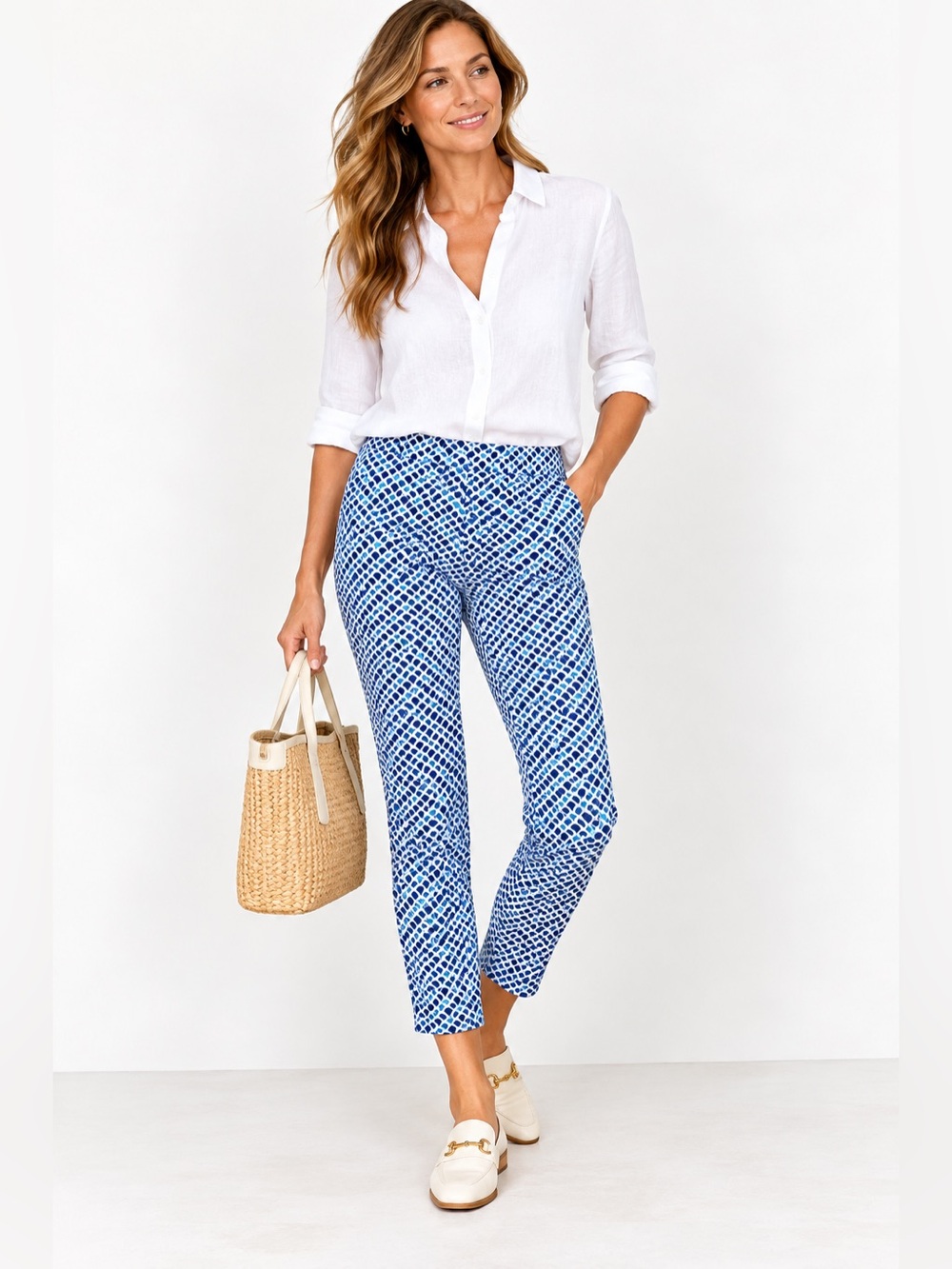 J.McLaughlin Lexi Pull-On Ankle Pants Blue White Geometric Print Size S